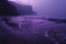 Fantasy ethereal dark purple beach with fog
