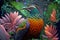 Fantasy exotic bright bird on floral backgroud, paradise flowers, tropical wallpaper, close-up