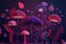 Fantasy extraterrestrial plants and fungus on cosmic landscape background. Generative illustration