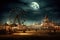 Fantasy fairground with ferris wheel at night. 3D rendering, An eerie scene of a deserted carnival at midnigh, AI Generated