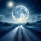 Fantasy Fairy Tale Full Moon Illuminates the Night Road, Shining Moonlight, Road to Huge Moon,