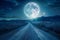 Fantasy Fairy Tale Full Moon Illuminates the Night Road, Shining Moonlight, Road to Huge Moon,