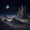 Fantasy Fairytale Castle Fortress Into Desert, Sand And Rocks, Night with Stars and Moon, Generative Ai