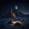 Fantasy Fairytale Castle Fortress Into Desert, Sand And Rocks, Night with Stars and Moon, Generative Ai