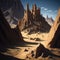 Fantasy Fairytale Castle Fortress Into Desert, Sand And Rocks, Sunny day, Generative Ai