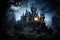 Fantasy fairytale castle on hill over majestic night landscape. Generative AI