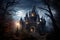 Fantasy fairytale castle on hill over majestic night landscape. Generative AI