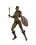 Fantasy female orc soldier standing with axe raised ready to fight and shield on her arm. Isolated 3D rendering