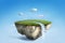 Fantasy floating island with river stream on green grass