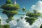 Fantasy Floating Islands with Connected Walkways. Fantasy landscape of lush floating islands connected by walkways amid