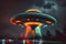 Fantasy flying saucer, neon colors. Generative AI