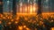 Fantasy forest. Fairy tale magical morning forest with glowing fireflies. Magical particles swirl among the