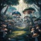 A fantasy forest filled with many large mushrooms. Generative AI