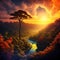 Fantasy forest landscape, neon sunset, love island, clouds, fabulous mystical forest for lovers. Cave in the shape of a