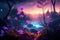 Fantasy forest at night, glowing flowers and lights, generative AI