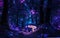 Fantasy forest at night illuminated by glowing mushrooms and moonlight