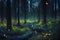 Fantasy forest at night, magic lights and fireflies in fairytale wood, generative AI