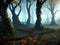 fantasy forest with old trees in dark foggy forest with mysterious magic light and mysterious, mysterious landscape