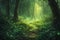 Fantasy forest with sparkling lights, enchanted trail, serene, lush greenery, mythical, nature