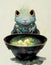 fantasy frog sitting in front of a pot, soup, japanese watercolor style, ai generated image