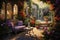 Fantasy garden with chair and vase of flowers. 3D rendering, luxurious garden painting with elegant outdoor furniture, AI