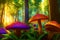 Fantasy glowing mushrooms in the forest in rays of sunset, low angle view, bright acid colors. AI generated