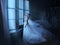 Fantasy gothic woman ghost bride stands by window in black dark room, magic moon light. Fairy snow queen in white dress