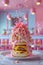 Fantasy Gourmet Burger with Pink Sauce Explosion on Pastel Background in a Modern Diner Concept