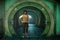 Fantasy halfling man standing under a round archway in the hallway of his house. 3D rendering