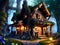 Fantasy Hobbit house in tree in fairytale forest. Generative AI