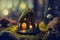 Fantasy home of tiny forest dweller, macro view of fairy tale hut, generative AI