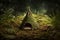Fantasy home of tiny wood dweller, macro view of fairy tale hut, generative AI
