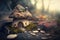 Fantasy home of tiny wood dweller, macro view of fairy tale hut, generative AI