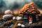 Fantasy home of tiny wood dweller, macro view of fairy tale hut, generative AI