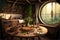 Fantasy house interior, food on table in kitchen at hobbit home, generative AI