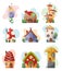 Fantasy house set vector cartoon fairy treehouse and housing village illustration set of kids fairytale playhouse