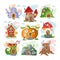 Fantasy house vector cartoon fairy treehouse and magic housing village illustration set of kids fairytale pumpkin or