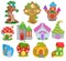 Fantasy house vector cartoon fairy treehouse and magic housing village illustration set of kids fairytale pumpkin or