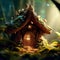 Fantasy hut of tiny forest dweller, macro view of fairy tale home, Surreal mystical fantasy artwork. Generative AI