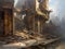 fantasy illustration of an abandoned city with ruined houses collapsing into rubble on the street. L