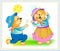 Fantasy illustration of cute little bear giving a flower to sweetheart. Greeting card for Valentine day. Hand-drawn vector cartoon