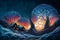 Fantasy illustration of fabulous evening winter landscape, Christmas wallpaper or background