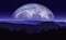 Fantasy illustration of moon or planet rising over mountain range at night. Science fiction scenery. Original artwork with mixed