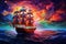 fantasy illustration of pirate ship in the ocean, in the background colorful galactic sky