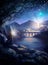 Fantasy illustration with a space starry sky, with mountains and a bridge over a wide, calm river.