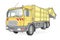 Fantasy illustration of vehicle for trash removal on white background. Model of garbage truck. Hand-drawn vector image.