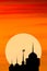 Fantasy image Moon with shadow Mosques Dome on twilight gradient black and gold background. for eid al-fitr, arabic, Eid al-adha