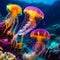 fantasy image of three luminescent and vibrant jellyfish