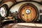 Fantasy interior design cottage with round arched wooden door and rustic accents