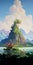 Fantasy Island: A Vibrant Painting Of An Island Amidst Majestic Mountains